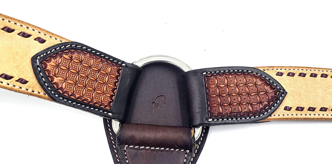 USA Harness leather Breastplate with brown buck stitch and carving on connector ends