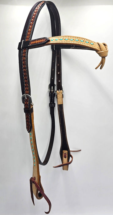 USA Latigo leather headstall with Futurity knot and Turquoise buck stitch browband Intricate Carving on headpiece