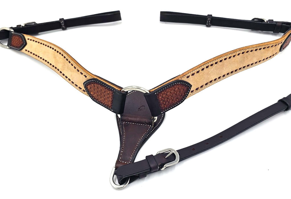 USA Harness leather Breastplate with brown buck stitch and carving on connector ends