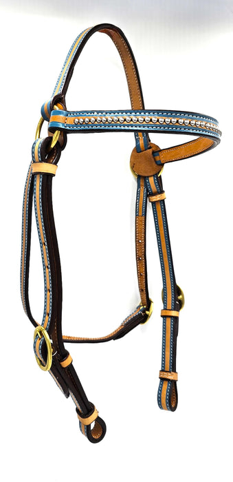 Natural Harness leather 3/4" Barcoo Bridle with TURQUOISE outline and silver studs on browband