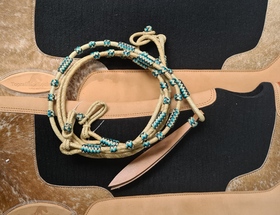 RAWHIDE ROMEL REINS WITH LEATHER POPPER AND BLUE RAWHIDE BEADS