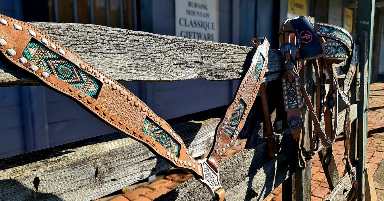 Turquoise and Gold Western Bridle and Breastplate Set