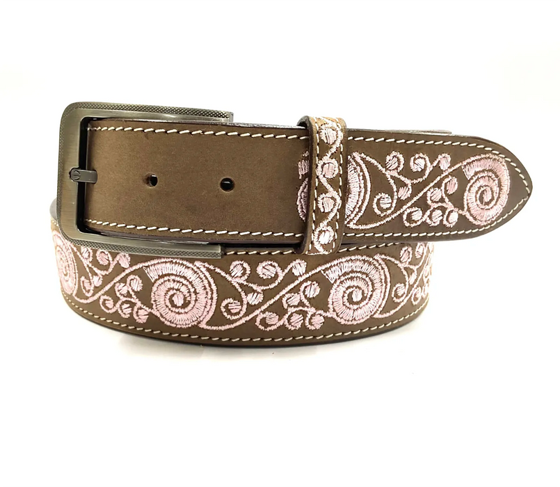 Pink swirl embroidery ladies leather belt
