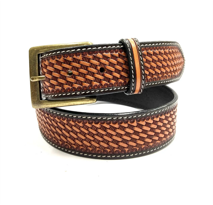 Hand tooled, basket weave, dark leather Unisex belt