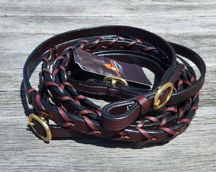 LACE PLAIT LEATHER SHOW REINS- BRASS BUCKLE JOINED 5'6