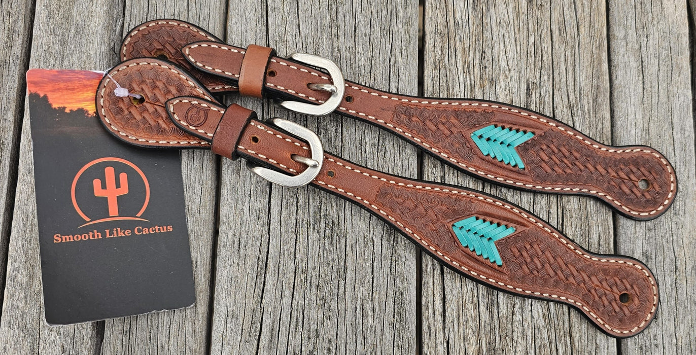 Ladies tooled Spur Straps with Teal Arrows