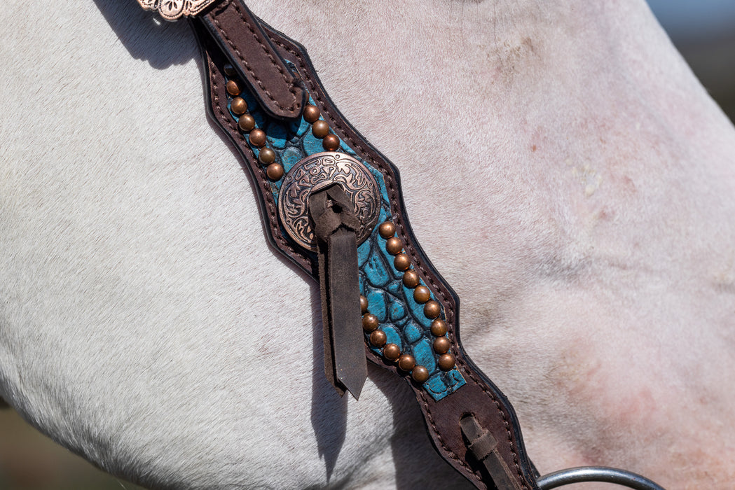 "DUNDEE" Turquoise Croc leather One Eared headstall