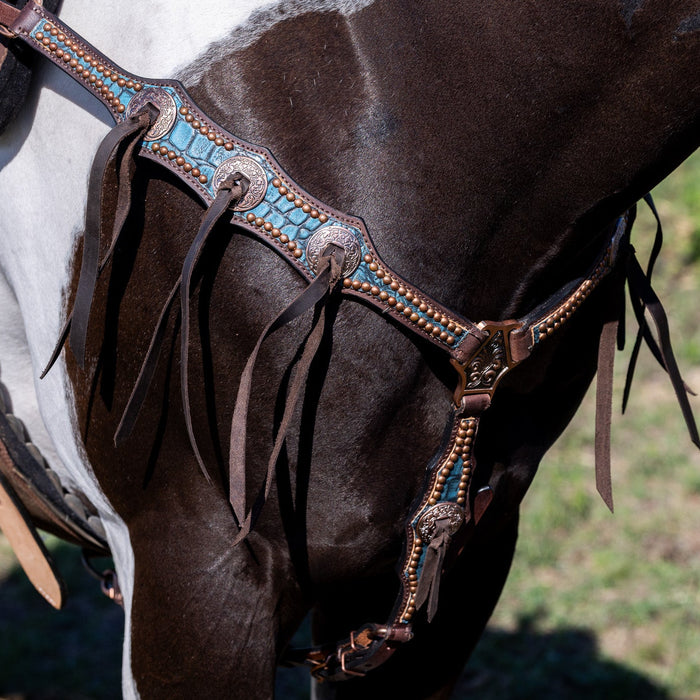 "DUNDEE" Turquoise Croc Breastcollar with tassles
