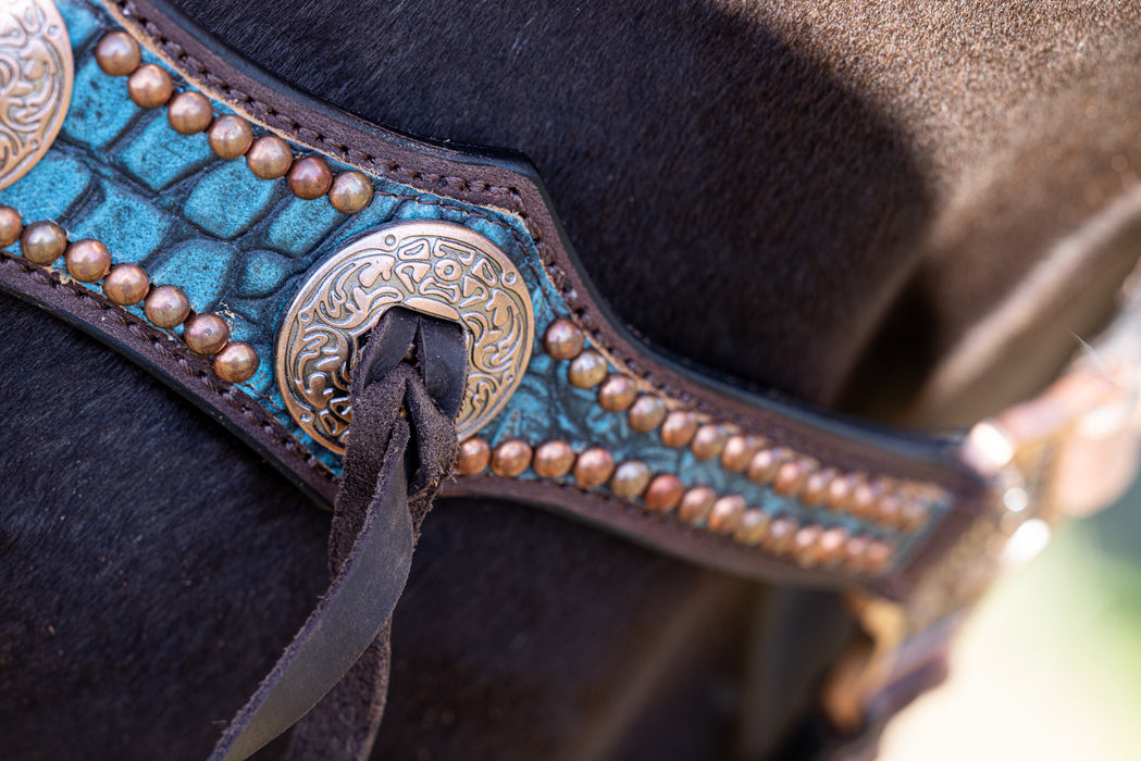 "DUNDEE" Turquoise Croc Breastcollar with tassles