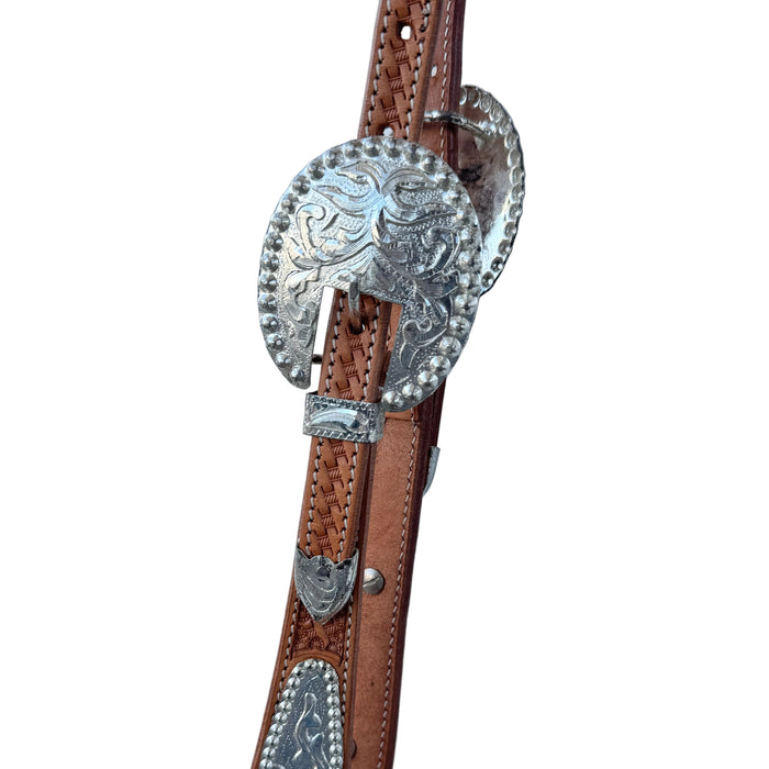 Classic USA Leather One-Ear SHOW headpiece with silver plates on cheek straps and ear piece Show silver fittings