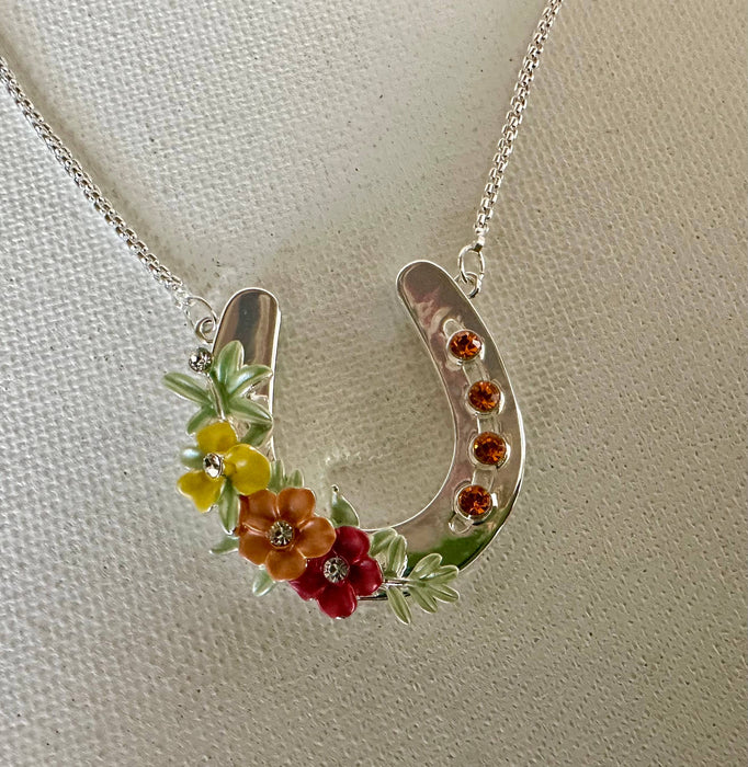 Horseshoe with Boho Flowers Necklace - Carol Young Silver