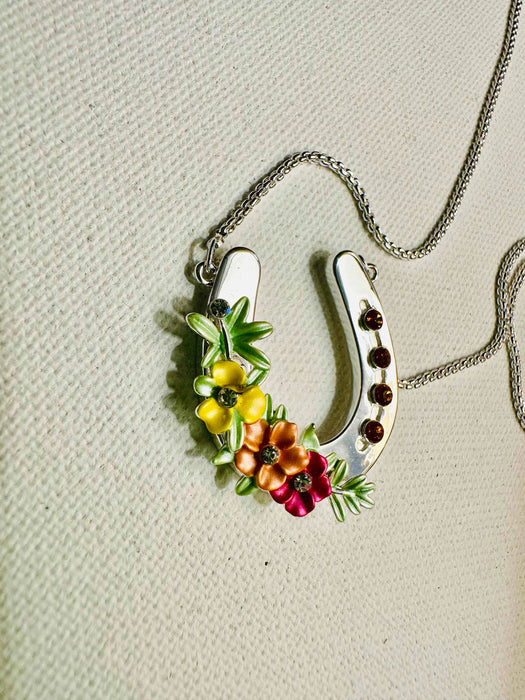 Horseshoe with Boho Flowers Necklace - Carol Young Silver