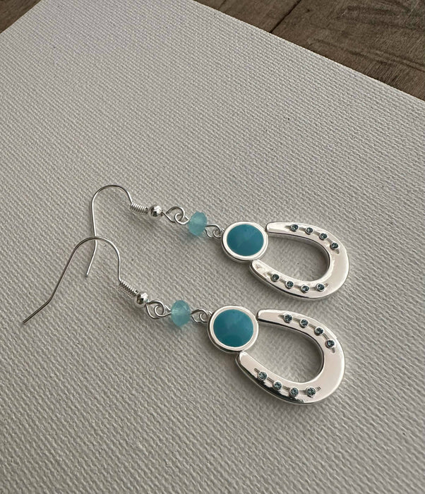 Horseshoe with Aqua Detail Earrings - Carol Young Silver
