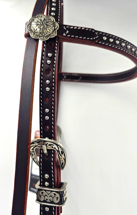 Harness leather USA Bridle with silver studs on browband Antique fittings with leather tie ends