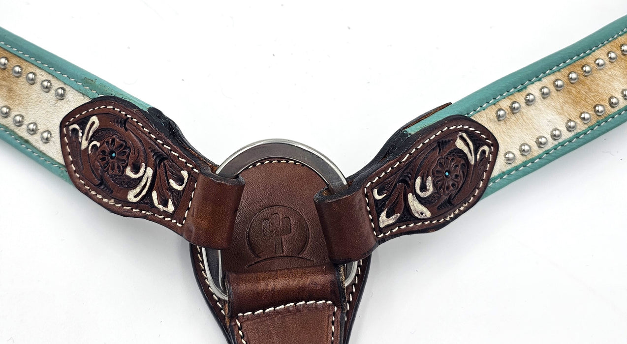 SLC Turquoise Leather Breastplate Tooled, hair on with silver studs