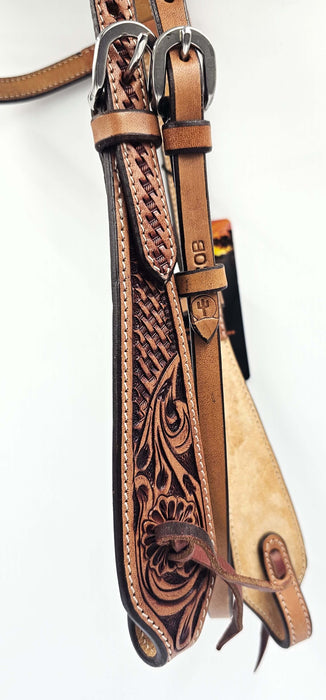 Leather headstall with Futurity knot browband and engraved tooling USA Harness leather