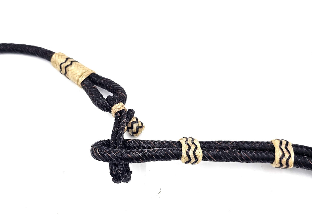 Braided Black Rawhide reins with white toned buttons and leather popper ends