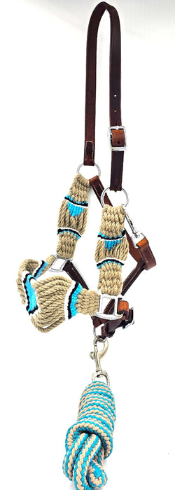 Woollen Cord and Leather Halter with Lead Rope. Beige/Turq