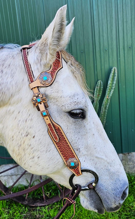 Rawhide One-Ear headpiece with Turquoise conchos and Tooled leathers