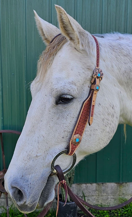 Rawhide One-Ear headpiece with Turquoise conchos and Tooled leathers