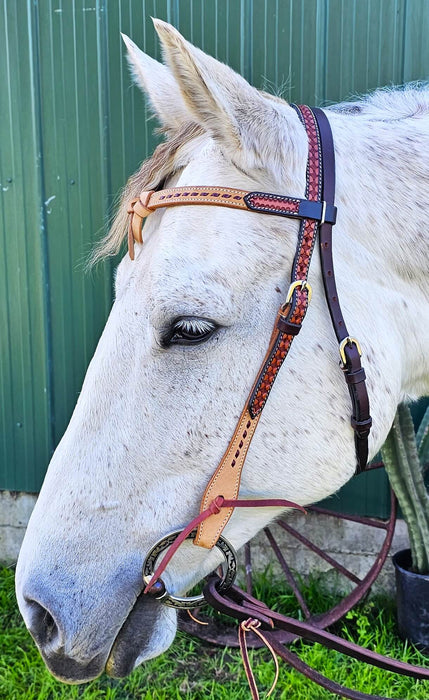 USA Latigo leather headstall with Futurity knot brown buck stitch browband Intricate Carving on headpiece