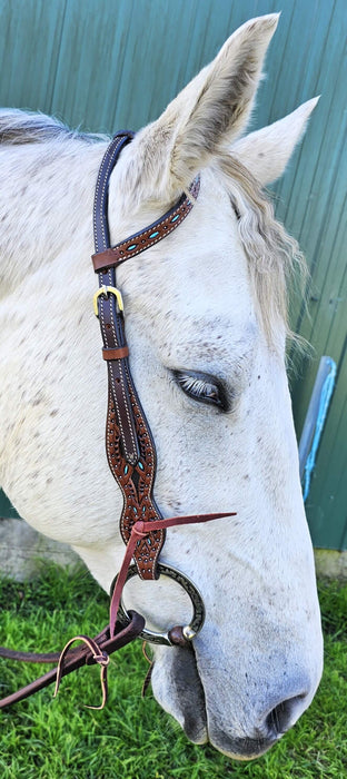 One-Ear leather headpiece with Turquoise textured carving