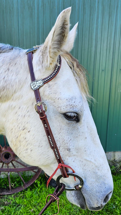 Latigo Leather One-Ear show headpiece with silver studs Antique and Jeremia Watt fittings