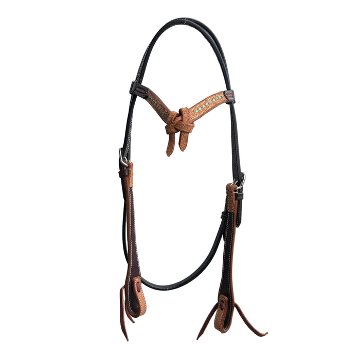 USA Latigo leather headstall with Futurity knot and Turquoise buck stitch browband Intricate Carving on headpiece