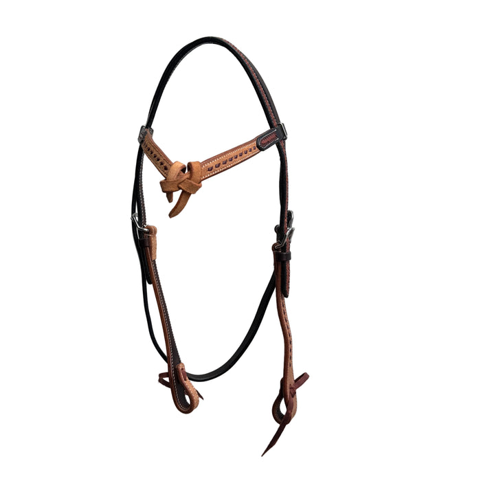 USA Latigo leather headstall with Futurity knot brown buck stitch browband Intricate Carving on headpiece