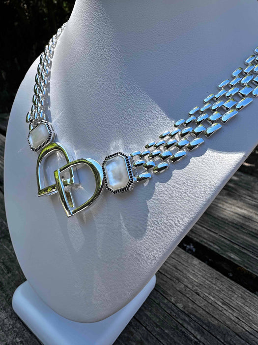 Bold English Saddle Stirrup Necklace - Mother of Pearl - Carol Young Silver