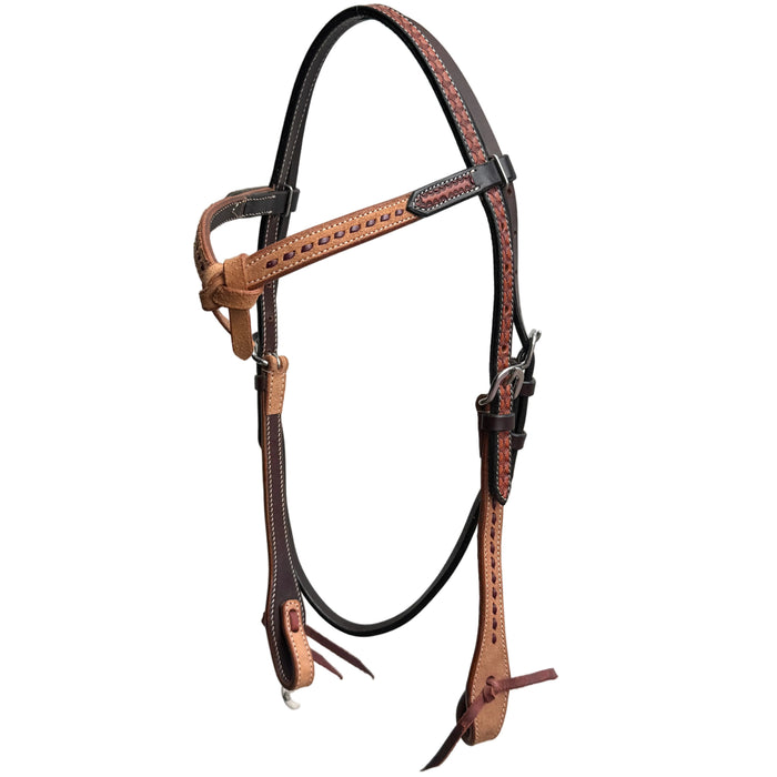USA Latigo leather headstall with Futurity knot brown buck stitch browband Intricate Carving on headpiece