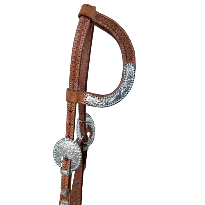 Classic USA Leather One-Ear SHOW headpiece with silver plates on cheek straps and ear piece Show silver fittings