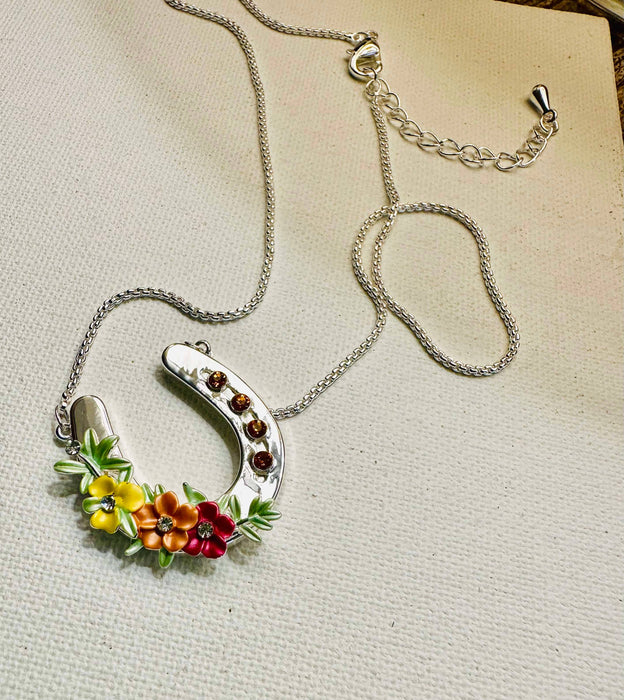 Horseshoe with Boho Flowers Necklace - Carol Young Silver