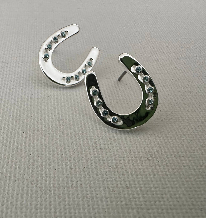 Horseshoe with Aqua Crystal Earrings - Carol Young Silver