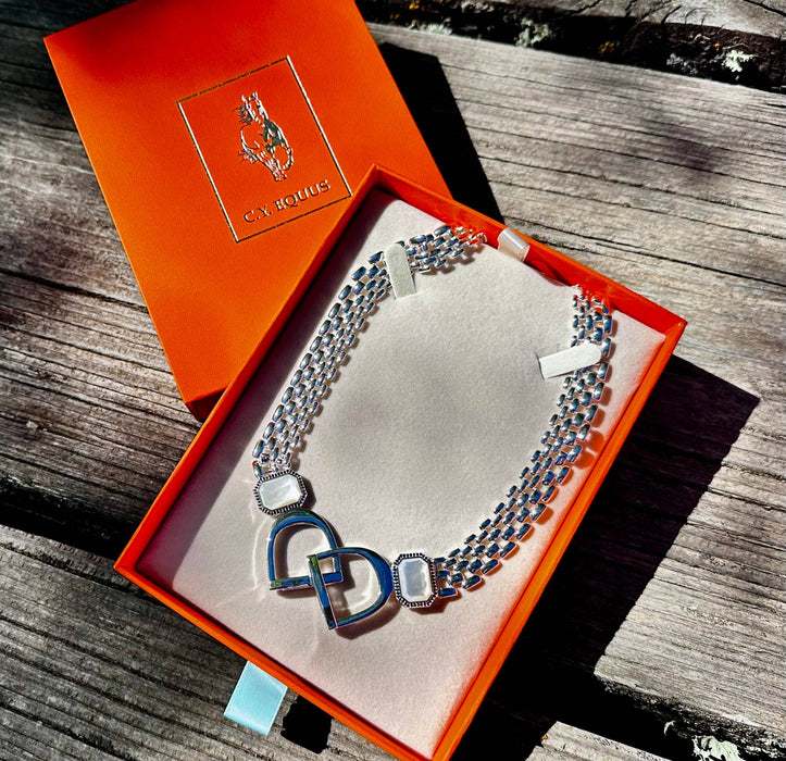 Bold English Saddle Stirrup Necklace - Mother of Pearl - Carol Young Silver