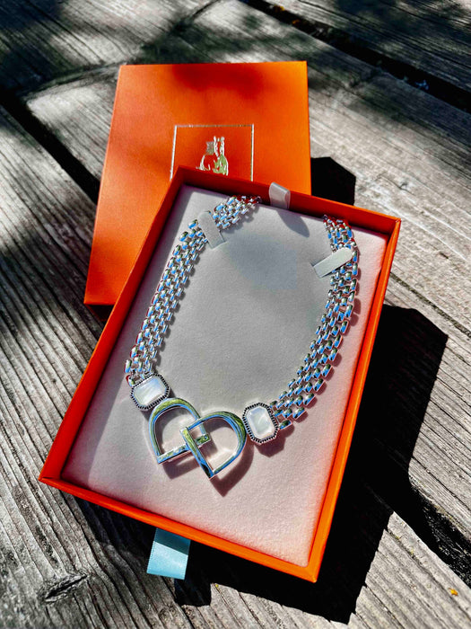 Bold English Saddle Stirrup Necklace - Mother of Pearl - Carol Young Silver
