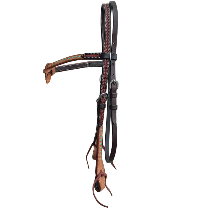 USA Latigo leather headstall with Futurity knot and Turquoise buck stitch browband Intricate Carving on headpiece