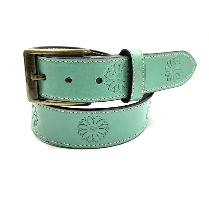 "SAGE" Pale Green Floral Stamped Ladies Leather Belt - 1773