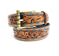 "DANNY" Hand Tooled Turquoise Buck Stitch Unisex Belt - 1773