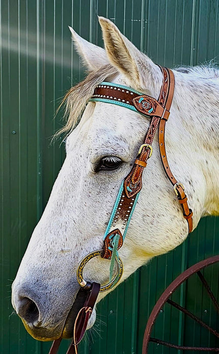 SLC Turquoise Leather Headstall Tooled, hair on hide inlay outlined with silver studs