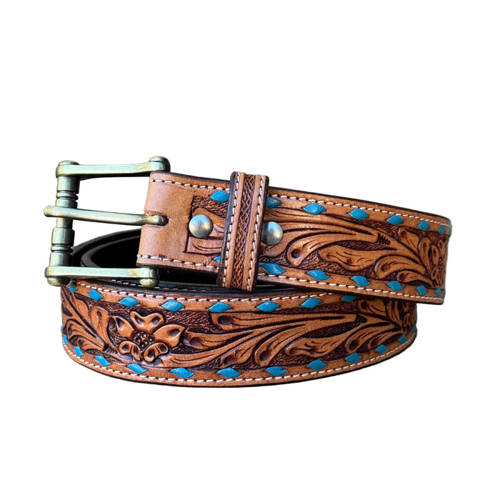 "DANNY" Hand Tooled Turquoise Buck Stitch Unisex Belt - 1773