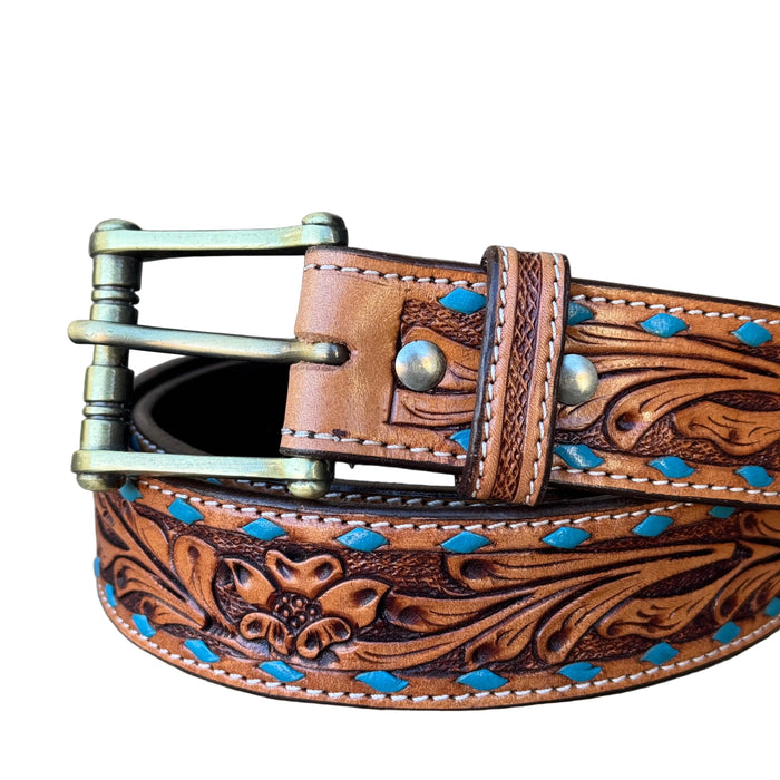 "DANNY" Hand Tooled Turquoise Buck Stitch Unisex Belt - 1773