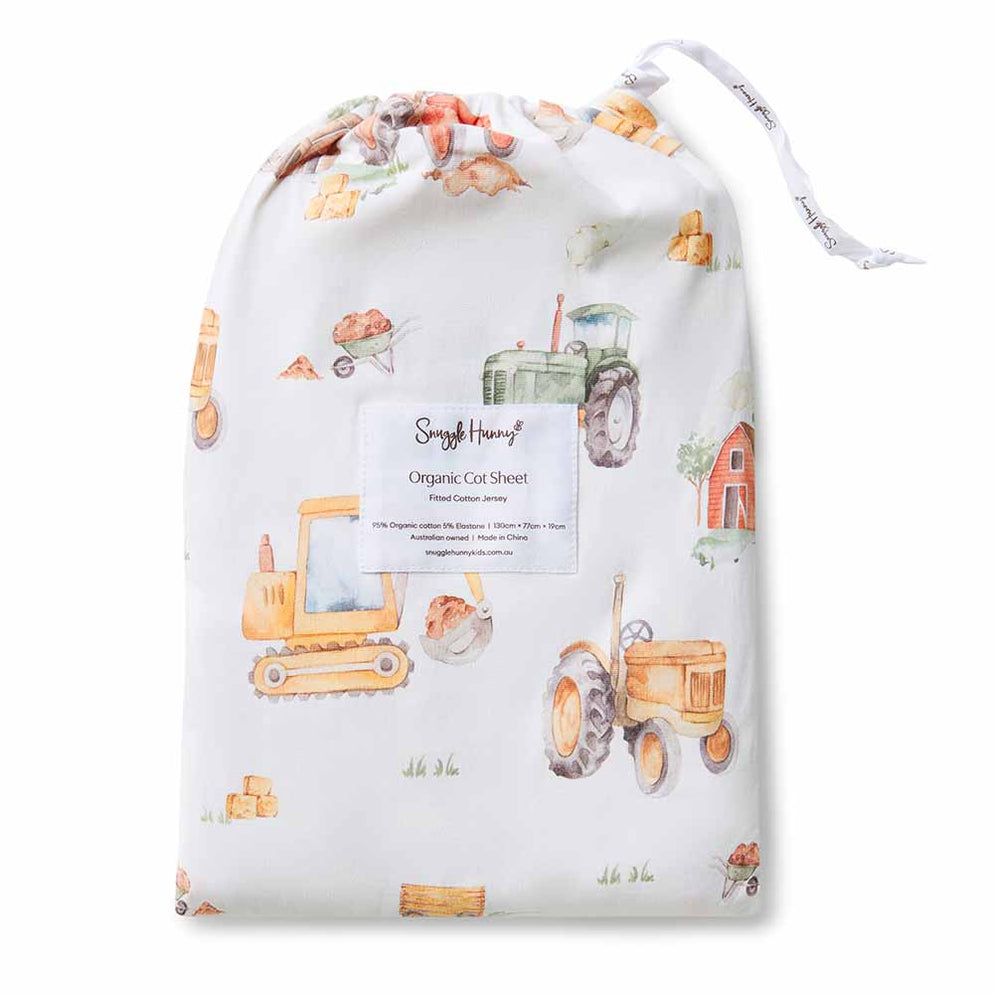 Diggers & Tractors Organic Fitted Cot Sheet Snuggle Hunny — Toprail