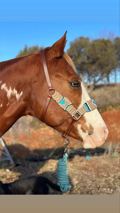 Woollen Cord and Leather Halter with Lead Rope. Beige/Turq