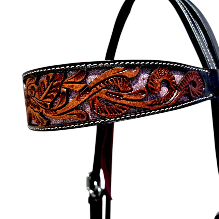HEADSTALL W/TWO TONE LEATHER AND PINK GLITTER