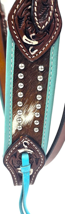 One Ear carved leather headstall with Turquoise outer and Hair on inlay