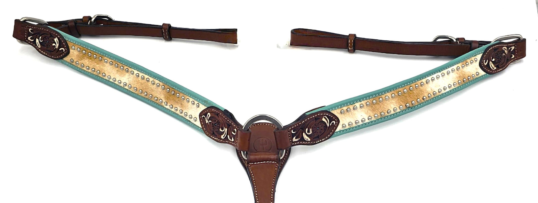 SLC Turquoise Leather Breastplate Tooled, hair on with silver studs