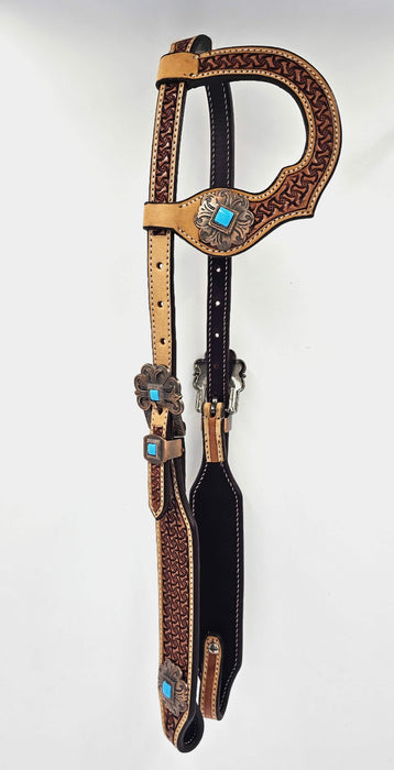 Rawhide One-Ear headpiece with Turquoise conchos and Tooled leathers