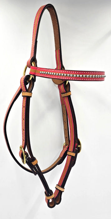 Natural Harness leather 3/4" Barcoo Bridle with PINK outline and silver studs on browband
