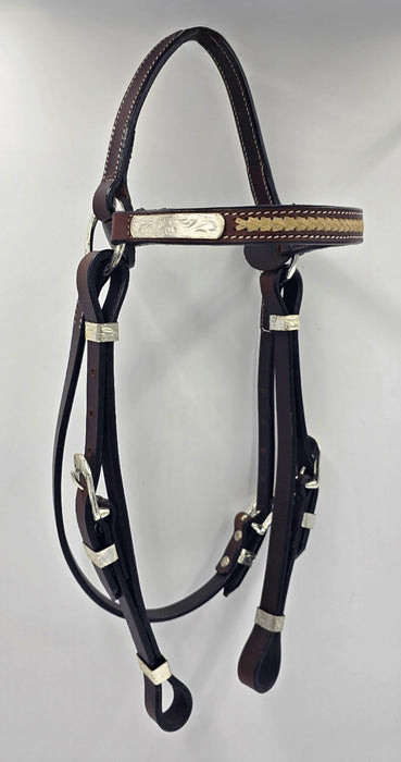 Quality Natural leather show Bridle with silver plates and rawhide stitching on browband Silver fittings & engraved antique buckles